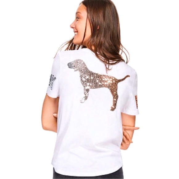 Victoria Secerts Pink Bling White Tee Silver and Rose Gold Sequin Little Dog Y2K - Picture 1 of 8